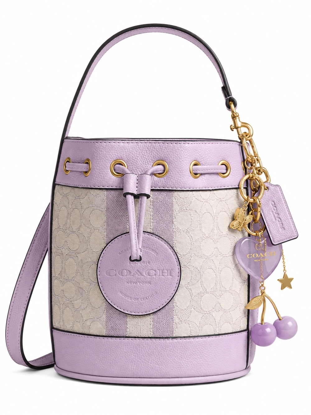 Coach Signature Stripe Dempsey Bucket Bag Lilac Lavender Monogram Purse